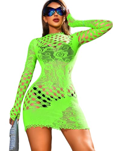 EHSUYAB Club Outfits, Hollow Out, Long Sleeve One Piece Bodycon Fishnet Dress