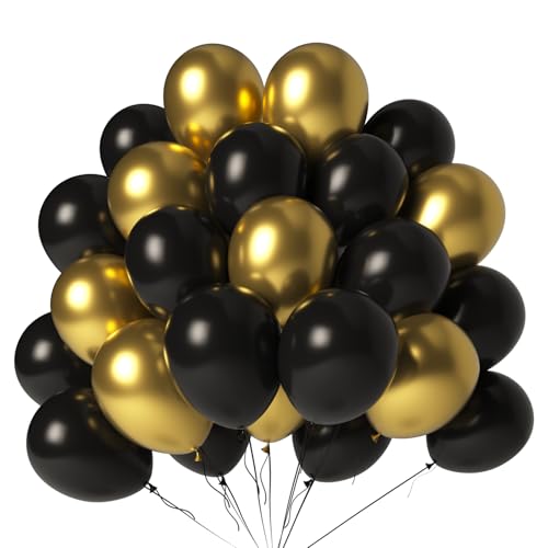 LYNSP Black and Gold Balloons 100 Pack 12 Inch Metallic Chrome Black Gold Latex Helium Balloons for Birthday Wedding Chris...