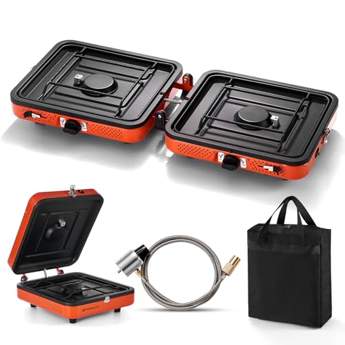 Odoland Portable 2 Burner Camping Stove Propane 17000 BTU/h Gas Stove Collapsible Backpacking Stove for Indoor Outdoor Coo...
