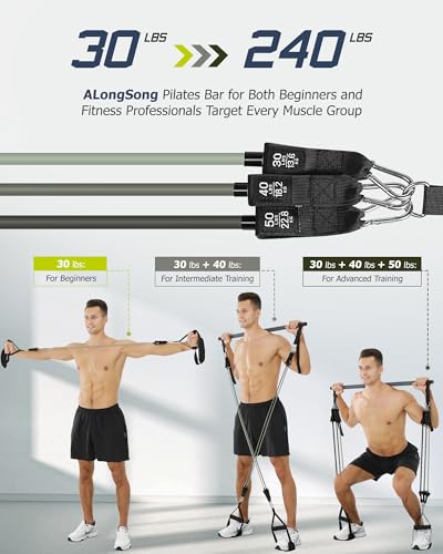 Upgraded Pilates Bar Kit with Resistance Bands Natural Latex for Women & Men, Heavy-Duty Stainless Steel Multifunctional Y...