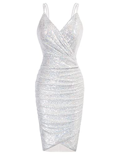 GRACE KARIN Women's Sexy Sequin Sparkly Glitter Ruched Party Club Dress Spaghetti Straps Wrap V-Neck Bodycon Dress