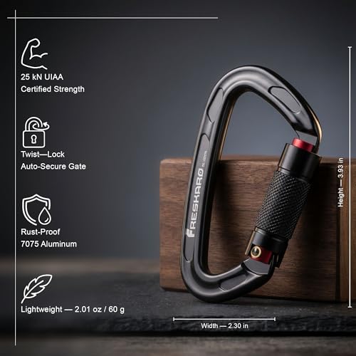 FresKaro UIAA Certified 25KN Auto Locking Climbing Carabiner Clips, Twist Lock, and Heavy Duty Carabiners for Rock Climbin...