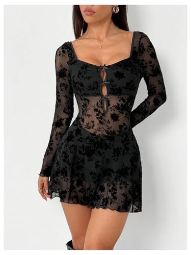 Milumia Women's Floral Lace Cut Out Mini Dress Sexy Long Sleeve Bow Decor Party Club Mesh Short Dresses