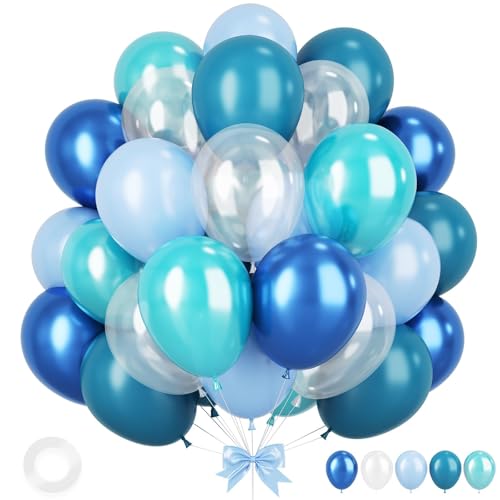 Ocean Themed Party Balloons, 12 Inches Turquoise Teal Blue Clear Metallic Balloons for Ocean Shark Sea Themed Pool Party B...