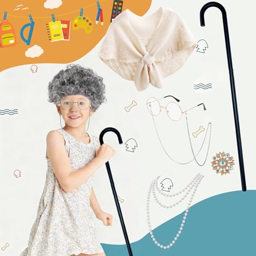 100 Days of School Costume for Girls Kids 100th Day of School Outfit 100 Year Old Outfit Grandma Granny Dress Up Old Lady ...