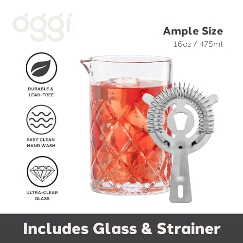 OGGI Cocktail Mixing Glass & Strainer Set - Elegant Bar Mixing Set with 16oz Glass Beaker, Essential Mixology Bartender Ki...