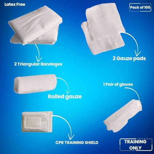 MCR Medical CPR & FA Training Kits w. 2 Non-Woven Triangular Bandages, 100 Pack