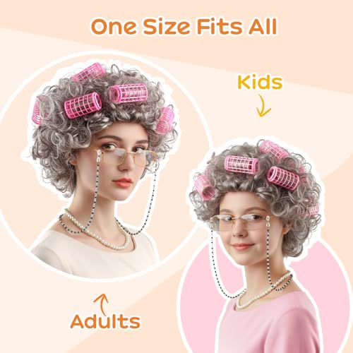 RSOEUG Old Lady Costume for Women, 5 PCS Kids 100 Days of School Grandma Wig Costume Halloween Girls Adults Cosplay Access...