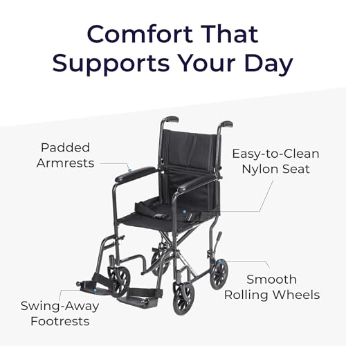 Drive Medical Lightweight Folding Transport Wheelchair - Reliable Mobility Support - Durable Steel Frame - Swing-Away Foot...
