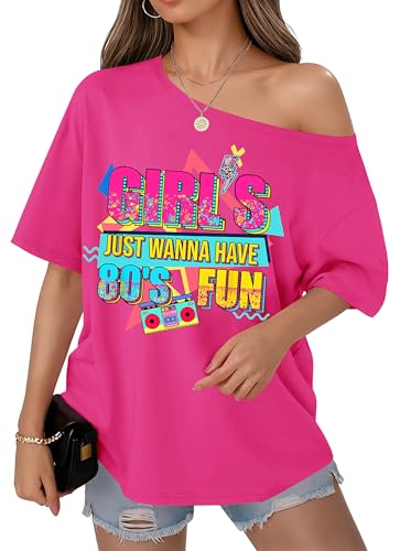 OCURHU 80s Shirts for Women Oversized Retro Off The Shoulder Top Disco 80s 90s Theme Party Outfit