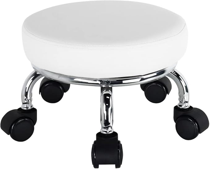 WKWKER Modern Roller Seat PU Leather Low Round Rolling Stool 360° Swivel Small Seat with Universal Wheels Foot Stool for Home Office Garage Shop Fitness Sport H：8.6" （White）