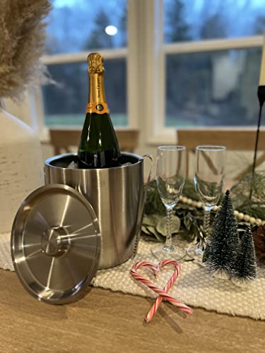 Tiken 3L Double-Wall Vacuum Insulated Ice Bucket with Lid & Tong Stainless Steel Champagne Buckets for Cocktail Bar, Parti...