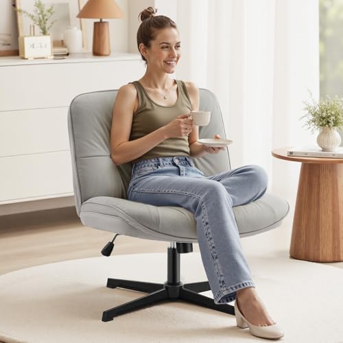 OLIXIS Criss Cross Chair Without Wheels, Cross Legged Office Chair, Armless Wide Vanity Desk Chair with Comfy PU Leather& ...