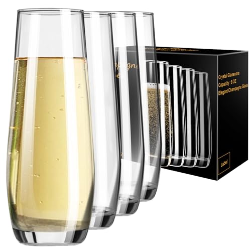 PARACITY Stemless Champagne Flutes, Champagne Glasses Set of 4, 8oz Glass Champagne Flutes, Gift for Birthday, Wedding, Ch...