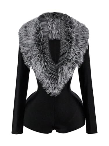 WDIRARA Women's Faux Fur Deep V Neck Long Sleeve Romper Fuzzy Bodycon Shorts Jumpsuit Rave Party