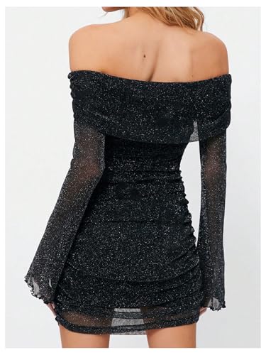 GORGLITTER Women's Off The Shoulder Long Sleeve Summer Ruched Mesh Dress Flare Mini Bodycon Dresses