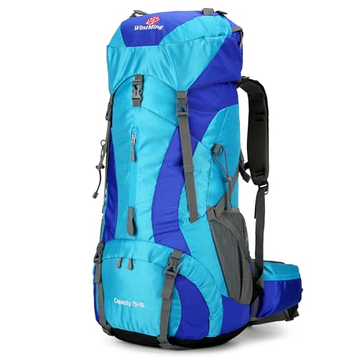 W WINTMING 75L Hiking Backpack with Rain Cover Waterproof Camping Backpack Shoes Warehouse for Men Women, Frameless