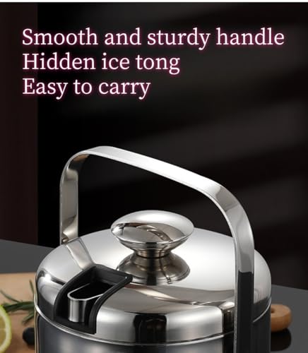 Insulated Ice Bucket with Lid and Scoop & Tong, Double Wall 304 Stainless Steel Ice Bucket for Freezer, Built-in Strainer ...