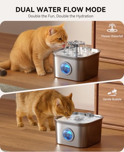 Stainless Steel Cat Water Fountain, 2.8L with 20dB Ultra-Quiet Pump- Ideal for Timid Pets, LED Water Level Window, Dishwas...