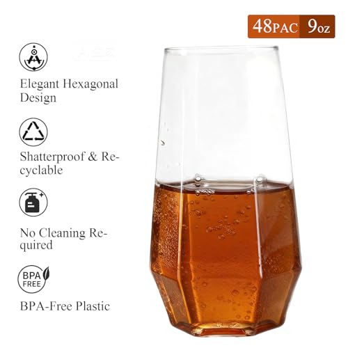 Goodluck 48 Clear Pack Diamond Unbreakable Stemless Plastic Glasses 9 Oz BPA-Free, Durable Disposable Wine/Champagne Flute...