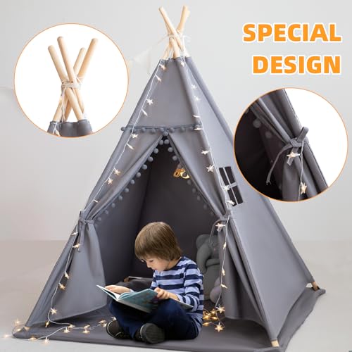 RONGFA Teepee Tent for Kids with Mat, Star Lights, Carry Case, Cotton Canvas Playhouse, Foldable Tents, Portable Children ...