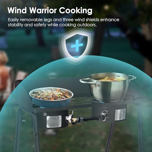 Red Mountain Valley Two Burner Outdoor Portable Camping Gas Stove with Removable Legs, Carrying Bag and Windshield, Campin...
