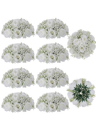 BLOSMON Babys Breath Artificial Flowers: 10 Pcs White Rose Baby Breath Ball Centerpieces for Wedding Table - Fake Silk Kis...
