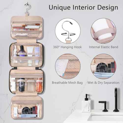 Wedama Toiletry Bag for Women, Hanging Travel Toiletry Bag with Jewelry Organizer Compartment Large Makeup Bag, PVC Waterproof Cosmetic Travel Bag for Travel Business Trips Camping Bathroom, Black
