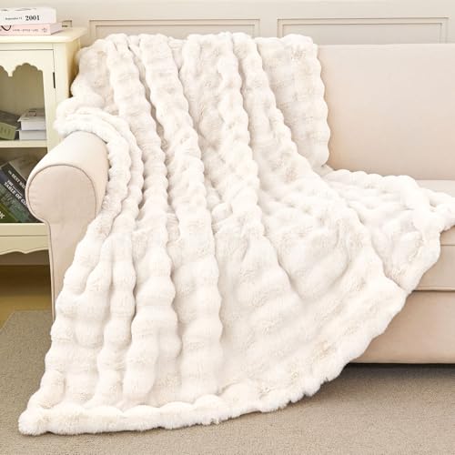Faux Rabbit Fur Throw Blanket for Couch, Fluffy Warm Plush Thick Bubble Blanket for Bed Sofa Living Room, Soft Cozy Furry ...