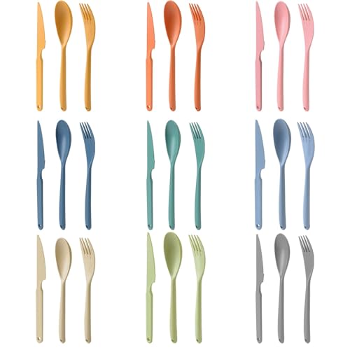 Large Reusable Plastic Compartments with Knives, Forks and Spoons, 9 Colours Portable Camping Utensils Tableware for Adult...
