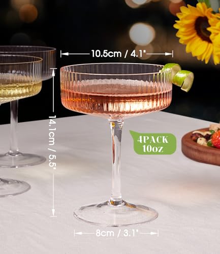 LUNA & MANTHA Coupe Glasses Set of 4, 10oz Crystal Ribbed Martini Glasses, Vintage Cocktail Glass, Hand Blown for Espresso...