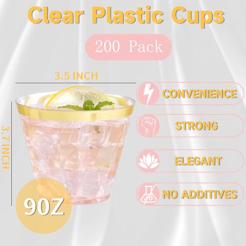 WELLIFE 200 PCS Gold Plastic Cups,9 oz Clear Plastic Cups,Disposable Wine Glasses,Plastic Cocktail Glasses for Party and W...