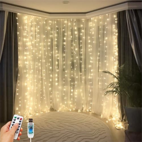HOLITS 300 LED Fairy Curtain Lights, 9.8 x 9.8FT Warm White USB Plug in 8 Modes Hanging Lights with Remote for Christmas, ...