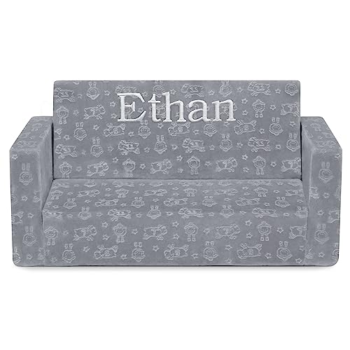 Delta Children Serta Perfect Sleeper Personalized Extra Wide Convertible Sofa to Lounger, Comfy 2-in-1 Flip Open Couch/Sleeper for Kids, Grey