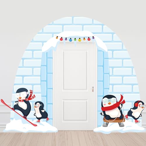 Winter Party Porch Banner Penguin Photo Booth Props for Parties Igloo Hanging Door Banner Backdrop with Winter Photograph ...