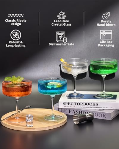 4 Pcs Coupe Glasses, Hand Blown 10 oz Cocktail Glasses, Ribbed Glasses, Gift Boxed Drinking Glass Set, Pefect Gift for Chr...