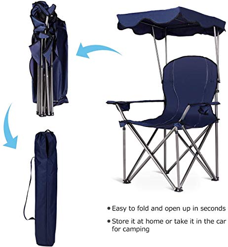 GYMAX Camping Chair, Folding Outdoor Lawn Chair with Canopy, Carry Bag & Cup Holder, Portable Heavy Duty Camp Chair for Ou...