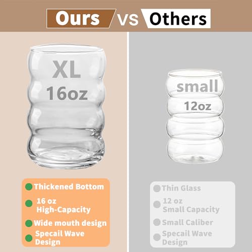 KEMORELA 2PCS Wave Bubble Beverage Glasses With Straws, 16 Oz Vintage Glass Cups, Aesthetic Iced Coffee Glasses, Ripple Gl...