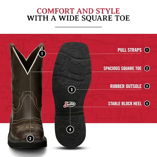 Justin Mandra 8¡± Western Boots for Women - Durable Cowhide Leather Square Toe Cowgirl Boots with Vivid Stitching, J-Flex Comfort & Non-Slip Outsoles