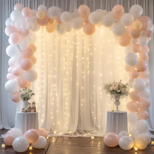 10×8ft White Tulle Curtain Backdrop with Lights String for Parites, Sheer Backdrop Curtain Drapes for Wedding Photo Baby S...