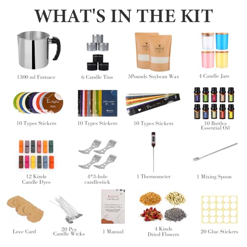 SAEUYVB Candle Making Kit - DIY Starter Soy Candle Making Supplies/Kit - Soy Wax, 10 Jars & Tins, 10 Pleasant Scents, Colo...