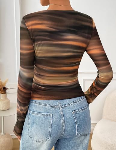 ZESICA Womens 2026 Spring Floral Mesh Going Out Tops Long Sleeve Crewneck Slim Fit Ruched Y2k Shirt Beach Vacation Outfit