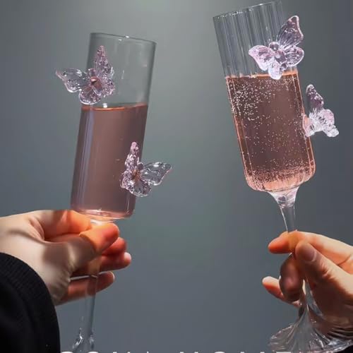 2Pcs Pink Butterfly Wine Glasses, 3D Butterfly Champagne Cups Drinking Glasses Fashioned Wine Cocktails Glassware Romantic...