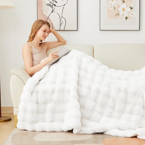 Latepis White Throw Blanket for Couch, Soft Faux Fur Bubble Blankets for Sofa Bedroom Living Room, Cozy Warm Fluffy Blanke...