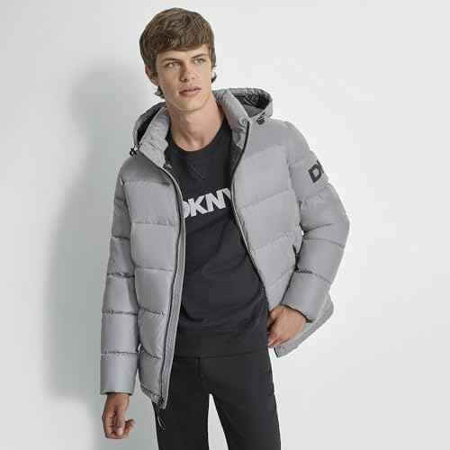 DKNY mens Water Resistant Hooded Puffer Durable Cold Weather Jacket