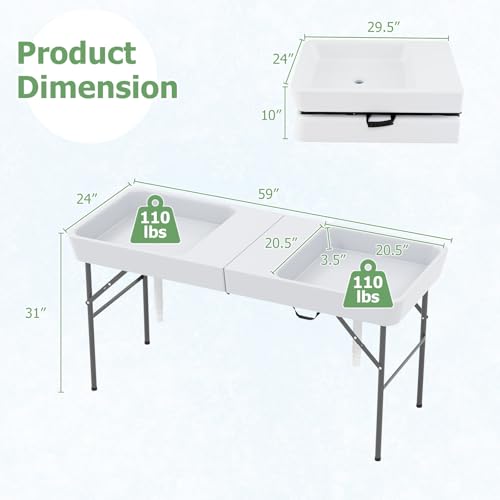 Giantex 5 FT Folding Ice Table with Double Sinks and Drains, Portable Ice Cooler Table with Removable Skirt, No Assembly, ...