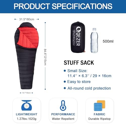 Ultralight Down Sleeping Bag for Adults with 600 Fill Power, Compact Sleeping Bag for Backpacking, Hiking and Camping