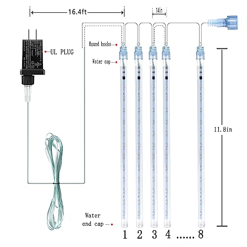 Kwaiffeo Christmas Lights Outdoor, 8 Tubes Meteor Shower Lights LED Snow Falling Icicle Cascading Light for Xmas Tree Wedd...