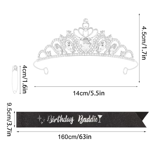 FASOTY Birthday Baddie Sash and Crown Tiara - Silver Crown and Glitter with Dazzling Foil Birthday Sash for Women Girls Fu...