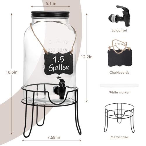 1.5 Gallon Glass Drink Dispensers for Parties, Ice Beverage Dispensers with Stand, Glass Water Dispenser with Spigot, Laun...